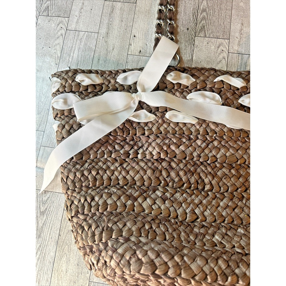 Raffia Bucket Tote Bag Boho Beach Vacation Travel Straw Shell Bow Medium - Picture 6 of 16